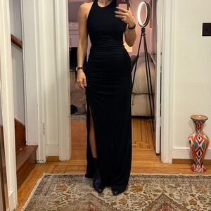 Misha Collection Black Ruched Maxi Dress with Thigh High Slit -Size XS- ($500+)